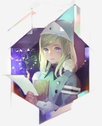 Rule 34 | 1girl, animal, animal on shoulder, blonde hair, blue eyes, book, coco (tongari boushi no atelier), copyright name, hat, highres, holding, holding book, holding paper, long hair, looking up, nishihara isao, paper, sleeping animal, solo, tongari boushi no atelier, upper body