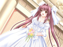 Rule 34 | 1girl, antenna hair, blush, bouquet, bow, breasts, brown eyes, chocolat maid cafe curio, dress, flower, game cg, gloves, gown, hair bow, hair intakes, large breasts, manai misato, nekonyan, open mouth, solo, twintails, wedding dress
