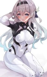 Rule 34 | 1girl, arm behind head, arm up, black hairband, blue eyes, blush, bodysuit, breasts, breath, commentary, covered navel, english commentary, feet out of frame, firefly (ar-26710) (honkai: star rail), firefly (honkai: star rail), formal, gradient hair, green hair, grey hair, hair between eyes, hair intakes, hairband, highres, honkai: star rail, honkai (series), large breasts, legs together, long hair, looking at viewer, matrix16, mixed-language commentary, multicolored hair, open mouth, orange eyes, paid reward available, pilot suit, purple eyes, shade, sitting, smile, solo, suit, two-tone eyes, white bodysuit, white hair, white suit