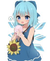Rule 34 | 1girl, ahoge, bad id, bad twitter id, blue bow, blue dress, blue eyes, blue hair, bow, bright pupils, cirno, dress, flower, food, hair bow, highres, holding, holding food, ice, ice cream, ice wings, melting, open mouth, pinafore dress, poco (zdrq3), short hair, simple background, sleeveless, sleeveless dress, solo, spoken sweatdrop, sunflower, sweat, sweatdrop, tanned cirno, touhou, white background, white pupils, wings
