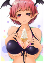 Rule 34 | 1girl, between breasts, bikini, bikini tan, black bikini, blush, breasts, collarbone, commentary request, demon girl, demon wings, dotted background, food, food on body, food on face, front-tie bikini top, front-tie top, gradient background, hand on own chest, head wings, highres, ice cream, ice cream cone, large breasts, layered bikini, looking at viewer, maru-pen, original, pink eyes, pointy ears, red hair, sexually suggestive, short hair, soft serve, solo, swimsuit, tan, tanline, tongue, tongue out, upper body, wings