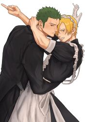 Rule 34 | 2boys, 72ki, alternate costume, apron, black dress, black suit, blonde hair, blue eyes, butler, cigarette, closed mouth, crossdressing, dress, facial hair, formal, frilled apron, frills, gloves, green hair, grey shirt, grin, hair over one eye, holding, holding cigarette, hug, implied yaoi, invisible wall, kabedon, looking at viewer, maid, maid headdress, male focus, middle finger, multiple boys, one eye closed, one piece, roronoa zoro, sanji (one piece), scar, scar across eye, shirt, short hair, smile, suit, white apron, white background, white gloves, yaoi