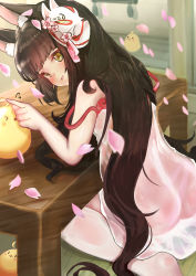 Rule 34 | &gt; &lt;, 1girl, :d, absurdres, ahoge, animal ear fluff, animal ears, ass, azur lane, babydoll, bad id, bad pixiv id, bare legs, bird, blunt bangs, blush, brown hair, cherry blossoms, commentary, flower, fox ears, fox mask, highres, indoors, legs, long hair, looking at viewer, mask, mask on head, nagato (azur lane), nagato (great fox&#039;s respite) (azur lane), open mouth, petals, pink flower, pink ribbon, rasukii (pamiton), ribbon, see-through, seiza, sidelocks, sitting, smile, solo, spaghetti strap, sparkling eyes, table, very long hair, white babydoll, yellow eyes