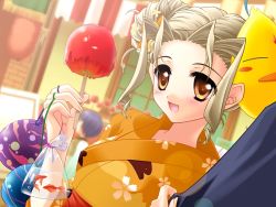 Rule 34 | apple, balloon, blonde hair, brown eyes, candy apple, carnelian, festival, fish, food, fruit, goldfish, japanese clothes, kanami, kimono, tagme, yukata
