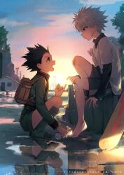 Rule 34 | 2boys, backpack, bag, barefoot, black hair, boots, closed mouth, dirty, from side, gauze, gon freecss, grey hair, highres, hunter x hunter, jacket, kiko, killua zoldyck, layered sleeves, long sleeves, male focus, multiple boys, open mouth, outdoors, pinky swear, profile, puddle, sample watermark, shirt, shorts, sitting, skateboard, spiked hair, sweat, water, watermark