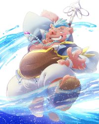 Rule 34 | 1boy, animal ears, bara, bead necklace, beads, belly, blue hair, brown fur, bulge, fat, fat man, full body, furry, furry male, goryou (housamo), highres, holding, holding staff, hydrokinesis, jewelry, leg up, looking at viewer, male focus, muscular, muscular male, necklace, nunutarou, open hand, pectoral cleavage, pectorals, pig boy, pig ears, short hair, smile, snout, solo, staff, tokyo houkago summoners, tusks, water