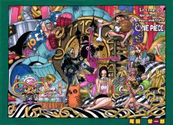 Rule 34 | 10s, 2012, 2girls, 6+boys, afro, barefoot, bird, black hair, blonde hair, blue hair, border, bowl, brook (one piece), clock, color spread, copyright name, cover, cover page, cyborg, denim, eating, food, franky (one piece), green hair, green pants, hair over one eye, hana hana no mi, hat, hawaiian shirt, headphones, highres, jeans, ladder, ladle, meat, monkey d. luffy, multiple boys, multiple girls, nami (one piece), nico robin, oda eiichirou, official art, one-eyed, one piece, open clothes, open shirt, orange hair, orange pants, owl, pants, pink shirt, reindeer, roronoa zoro, sanji (one piece), shirt, skeleton, straw hat, striped, sweater, tony tony chopper, top hat, usopp, x (symbol)
