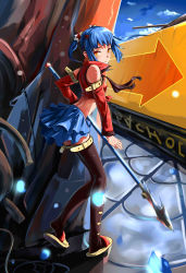 Rule 34 | 1girl, absurdres, bad id, bad pixiv id, belt, blue hair, detached sleeves, fs-project, highres, midriff, orange eyes, original, polearm, ponytail, skirt, solo, spear, thighhighs, weapon