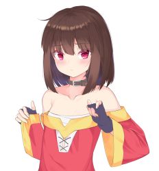 Rule 34 | 1girl, :&lt;, absurdres, avant garde (artist), bad id, bad pixiv id, bandages, bare shoulders, black choker, black gloves, blush, breasts, brown hair, choker, collar, collarbone, commentary request, dress, female focus, fingerless gloves, gloves, hands up, highres, kono subarashii sekai ni shukufuku wo!, long sleeves, looking at viewer, megumin, no headwear, off-shoulder dress, off shoulder, red dress, red eyes, sarashi, short hair, simple background, small breasts, solo, upper body, white background, wide sleeves