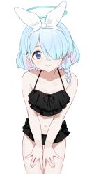 Rule 34 | 1girl, absurdres, apaapazo, arona (blue archive), bikini, black bikini, blue archive, blue eyes, blue hair, braid, breasts, collarbone, cowboy shot, dot nose, frilled bikini, frills, hair over one eye, hair ribbon, halo, hands on own thighs, highres, light blue hair, looking at viewer, navel, ribbon, short hair, small breasts, smile, solo, stomach, swimsuit, thighs, v arms, white background, white ribbon