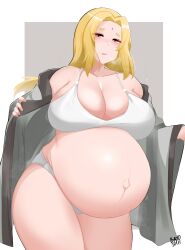 Rule 34 | 1girl, absurdres, artist name, bayoshii, big belly, blonde hair, blush, breasts, brown eyes, camisole, cleavage, collarbone, cowboy shot, curvy, highres, huge breasts, large breasts, long hair, looking at viewer, midriff, naruto (series), navel, open clothes, open robe, outie navel, panties, parted lips, pregnant, robe, sidelocks, signature, solo, standing, thick thighs, thighs, tsunade (naruto), underwear, wide hips