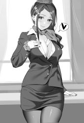 Rule 34 | 1girl, absurdres, asymmetrical hair, between breasts, breasts, cleavage, cowboy shot, earrings, greyscale, hat, heart, highres, jacket, jewelry, kitazawa (embers), large breasts, leaning back, long hair, miniskirt, monochrome, original, pantyhose, parted bangs, partially unbuttoned, pencil skirt, scarf, shirt, skirt, smile, solo, speech bubble, spoken heart, standing, travel attendant