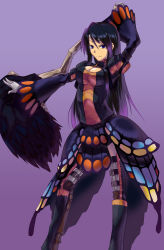 Rule 34 | (armor), 1girl, arm up, armor, black hair, blue eyes, boots, breasts, capcom, cleavage, cleavage cutout, clothing cutout, fighting stance, fur, gloves, gradient hair, gypceros (armor), hammer, knee boots, loincloth, long hair, looking away, monster hunter (series), multicolored hair, outstretched arm, parted bangs, purple hair, rhopessa (armor), simple background, skirt, smile, solo, standing, strap, thigh strap, thighhighs, turtleneck, very long hair, weapon, white gloves, wide sleeves, y/n, zettai ryouiki