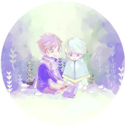 Rule 34 | 10s, 2boys, bad id, bad pixiv id, book, brown hair, capelet, child, green eyes, hacho, mikleo (tales), multiple boys, purple eyes, shoes, shorts, sitting, sorey (tales), tales of (series), tales of zestiria, white hair, aged down