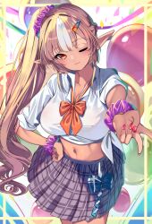 Rule 34 | 1girl, absurdres, blonde hair, bow, bowtie, breasts, cleavage, closed mouth, collarbone, collared shirt, cowboy shot, crop top, dark elf, elf, ganguro, gyaru, hand on own hip, highres, hololive, kogal, large breasts, long hair, looking at viewer, loose bowtie, midriff, miniskirt, multicolored hair, navel, one eye closed, orange bow, orange bowtie, orange eyes, pleated skirt, pointy ears, ponytail, red nails, school uniform, scrunchie, shiranui flare, shirt, side ponytail, skirt, sleeves rolled up, smile, solo, streaked hair, tied shirt, v, very long hair, virtual youtuber, white shirt, wrist scrunchie, yuutarou (fukiiincho)
