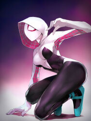 Rule 34 | 1girl, blonde hair, blue eyes, bodysuit, breasts, commentary request, from side, gradient background, gwen stacy, hand up, highres, hood, hood up, hooded bodysuit, impossible clothes, kneeling, marvel, mask, medium breasts, purple background, skin tight, solo, spider-gwen, spider-man (series), superhero costume, taishi (picchiridou)