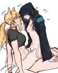 Rule 34 | 1girl, 1other, absurdres, animal ear fluff, animal ears, arknights, arya melati, black hair, black shirt, blonde hair, blush, bottomless, breasts, commentary, cowgirl position, doctor (arknights), english commentary, extra ears, female doctor (arknights), futa with female, futanari, highres, hood, hood up, hooded coat, horse ears, implied futanari, implied sex, long hair, looking at another, medium breasts, moaning, navel, nearl (arknights), open clothes, open mouth, orange eyes, ponytail, shirt, short sleeves, simple background, sitting, sketch, small breasts, stomach, straddling, white background