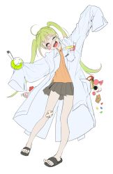 Rule 34 | 1girl, ahoge, arm up, candy, coat, collared shirt, flask, food, food in pocket, full body, gauze on knee, glasses, green hair, highres, jelly bean, lab coat, long hair, one eye closed, open mouth, orange shirt, original, round-bottom flask, sandals, shirt, simple background, sleeves past fingers, sleeves past wrists, smile, solo, sparkling eyes, sycisycii, test tube, twintails, very long hair, white background, white coat