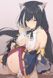 Rule 34 | 1girl, animal ear fluff, animal ears, black hair, blush, bottomless, breasts, cat ears, cat tail, detached sleeves, green eyes, hand on own stomach, highres, karyl (princess connect!), long hair, looking at viewer, low twintails, medium breasts, multicolored hair, pregnant, princess connect!, princess connect!, sitting, solo, streaked hair, tail, twintails, uno ryoku