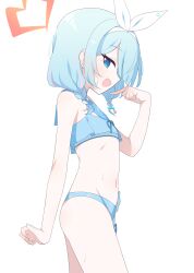 Rule 34 | 1girl, absurdres, arona (blue archive), ass, bare arms, bare legs, bare shoulders, bikini, blue archive, blue bikini, blue eyes, blue hair, blush, braid, cowboy shot, flat chest, from side, groin, hagoonha, halo, highres, looking at viewer, navel, open mouth, profile, red halo, short hair, simple background, smile, solo, swimsuit, twin braids, wet, white background