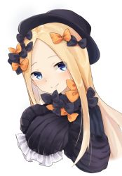 Rule 34 | 1girl, abigail williams (fate), black bow, black dress, black hat, blonde hair, blue eyes, blush, bow, closed mouth, cropped torso, dress, fate/grand order, fate (series), forehead, hair bow, hands up, hat, long hair, long sleeves, looking at viewer, orange bow, parted bangs, polka dot, polka dot bow, simple background, sleeves past fingers, sleeves past wrists, smile, solo, u yuz xx, upper body, white background