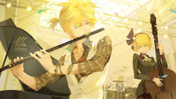 Rule 34 | 1boy, 1girl, 1other, a-shacho, aqua eyes, blonde hair, blue eyes, breasts, brother and sister, commentary, concert, drum, drum set, drumming, english commentary, flute, hair ornament, hair ribbon, hairclip, highres, instrument, kagamine len, kagamine rin, long sleeves, music, piano, playing instrument, ribbon, short hair, siblings, smile, stage, stage lights, twins, upper body, violin, vocaloid, yellow theme