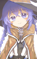 Rule 34 | 1girl, absurdres, blue eyes, blue hair, blush, braid, brown cloak, cloak, closed mouth, flat chest, grey shirt, hair between eyes, hat, highres, jacket, long hair, looking at viewer, mushoku tensei, roxy migurdia, shirt, simple background, siwadayo, smile, solo, twin braids, upper body, white background, white jacket, witch hat