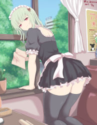 Rule 34 | 10s, 1girl, absurdres, alternate costume, apron, bad id, bad pixiv id, bent over, black dress, black socks, black thighhighs, blunt bangs, breasts, cleaning, cleaning windows, closed mouth, dress, enmaided, expressionless, from side, furiruno, green hair, highres, indoors, kneehighs, large breasts, looking at viewer, looking to the side, maid, maid headdress, naraku (senran kagura), plant, potted plant, purple eyes, senran kagura, short hair, socks, solo, thighhighs, waist apron, window