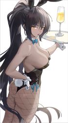 Rule 34 | 1girl, animal ears, ass, bad id, bad pixiv id, bare shoulders, black hair, black leotard, blue archive, blush, breasts, cleavage, cup, dark-skinned female, dark skin, detached collar, drinking glass, fake animal ears, fishnet pantyhose, fishnets, gloves, highleg, highleg leotard, highres, jinyuan712, karin (blue archive), karin (bunny) (blue archive), large breasts, leotard, long hair, looking at viewer, open mouth, pantyhose, playboy bunny, ponytail, rabbit ears, rabbit tail, sidelocks, solo, tail, thighs, tray, white gloves, yellow eyes