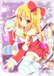 Rule 34 | 1girl, alternate costume, bare shoulders, bell, blonde hair, bow, detached sleeves, female focus, flandre scarlet, hair bow, highres, holly, looking at viewer, outline, red eyes, santa costume, side ponytail, sitting, solo, striped clothes, striped thighhighs, thighhighs, touhou, wariza, wings, yuimari, zettai ryouiki