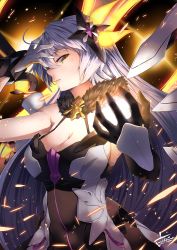 Rule 34 | 1girl, alternate costume, armor, armored dress, bare shoulders, breasts, cleavage, closed mouth, covered navel, dress, elbow gloves, energy wings, expressionless, floating hair, fur-trimmed dress, fur trim, gloves, hair between eyes, hair ornament, hand on own head, hand up, highres, honkai (series), honkai impact 3rd, kiana kaslana, kiana kaslana (herrscher of the void), light, light particles, long hair, looking at viewer, medium breasts, sideboob, sidelocks, signature, silver hair, skindentation, solo, symbol-shaped pupils, upper body, very long hair, wind, wind lift, wings, xfate, yellow eyes