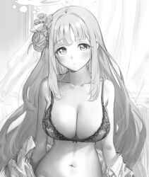 Rule 34 | 1girl, alternate costume, blue archive, blush, bra, breasts, cleavage, closed mouth, clothes down, commentary, flower, greyscale, hair bun, hair flower, hair ornament, halo, highres, large breasts, long hair, looking at viewer, mika (blue archive), monochrome, navel, single side bun, solo, stomach, tori udon, underwear, upper body, very long hair