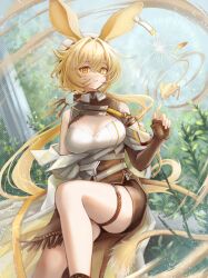Rule 34 | 1girl, 3 (sanyako1), absurdres, animal ears, arknights, beret, blonde hair, breasts, cleavage, cleavage cutout, clothing cutout, dorothy (arknights), fingerless gloves, gloves, hat, highres, jerboa, large breasts, long hair, low ponytail, sand, shorts, tail, thigh strap, yellow eyes, zipper