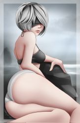 Rule 34 | 1girl, ass, bare arms, bare shoulders, black blindfold, black bra, black hairband, blindfold, border, bra, breasts, feet out of frame, grey background, grey hair, hair over one eye, hairband, highres, jackary, medium breasts, nier (series), nier:automata, panties, short hair, solo, thighs, underwear, white panties, 2b (nier:automata)
