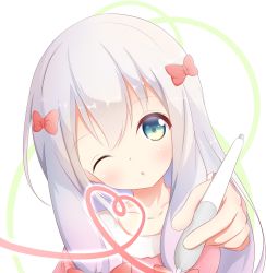 Rule 34 | 1girl, ;o, aqua eyes, bow, collarbone, commentary request, drawing on fourth wall, eromanga sensei, hair bow, head tilt, highres, izumi sagiri, long hair, looking at viewer, low-tied long hair, one eye closed, outstretched hand, pajamas, pink bow, pink shirt, shirt, silver hair, simple background, solo, stylus, upper body, yuutsuki yura