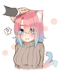 Rule 34 | 1boy, 1girl, :d, ?, afterimage, animal ear fluff, animal ears, blue eyes, blue hair, blush, breasts, brown sweater, cat ears, cat girl, cat tail, commentary request, cropped torso, disembodied hand, go-1, gradient hair, hair between eyes, headpat, highres, long sleeves, looking at viewer, medium breasts, multicolored hair, open mouth, original, pink hair, ribbed sweater, smile, solo focus, spoken question mark, sweater, tail, tail wagging, teeth, upper body, upper teeth only, white background