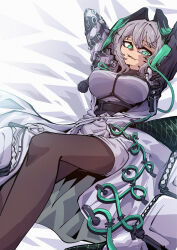 Rule 34 | 1girl, absurdres, aqua eyes, aqua wings, arknights, black pantyhose, breasts, coat, commentary, dress, dryegen, english commentary, fangs, grey hair, head wings, highres, ho&#039;olheyak (arknights), large breasts, lying, on back, open clothes, open coat, pantyhose, solo, white dress, wings