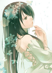Rule 34 | 1boy, androgynous, bare shoulders, black eyes, black hair, dress, flower, fuuchouin kazuki, getbackers, highres, long hair, male focus, papillon10, solo, trap, upper body