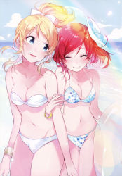 Rule 34 | 10s, 2girls, :d, absurdres, arm grab, arm hug, ayase eli, bandeau, bare arms, bare legs, bare shoulders, beach, bikini, blonde hair, blue eyes, blue sky, blush, bow, bracelet, breasts, cleavage, closed eyes, closed mouth, cloud, collarbone, couple, cowboy shot, day, earrings, female focus, fly 333, grin, groin, hair bow, happy, hat, head tilt, highres, hug, innertube, jewelry, large breasts, legs, locked arms, long hair, looking at another, love live!, love live! school idol project, medium breasts, midriff, multiple girls, nail polish, navel, neck, nishikino maki, open mouth, outdoors, parted lips, piercing, polka dot, polka dot bikini, polka dot swimsuit, ponytail, rainbow, red hair, scan, short hair, sky, smile, standing, strapless, strapless bikini, summer, sun hat, swim ring, swimsuit, tareme, teeth, thigh gap, white bikini, white bow, white hat