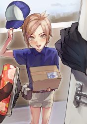 Rule 34 | 10s, 1boy, baseball cap, black gloves, box, brown eyes, brown hair, cardboard box, delivery, doorway, from above, gloves, hair ornament, hairclip, hat, highres, houchou toushirou, looking at viewer, male focus, mugentansan, opening door, out of frame, parted bangs, polo shirt, pov, pov doorway, pov hands, short hair, shorts, smile, solo focus, touken ranbu, uniform, unworn hat, unworn headwear