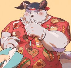Rule 34 | 1boy, animal ears, backwards hat, bara, baseball cap, behemoth (housamo), blush, burger, collared shirt, curled horns, doughnut print, food, food on face, food on hand, food print, grey fur, hat, highres, horns, hot dog, ice cream print, jewelry, licking, licking finger, looking at viewer, male focus, muscular, muscular male, napkin, neck fur, orange background, pawpads, pendant, pizza, pizza print, pizza slice, pov, pov hands, red shirt, sawch cls, shirt, short sleeves, simple background, solo, thick eyebrows, tokyo houkago summoners, upper body