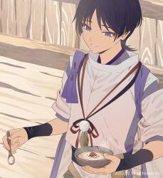 Rule 34 | 1boy, artist name, belt, black bow, blue belt, blue eyes, blunt ends, bow, bowl, chinikuniku, closed mouth, commentary, dated, detached sleeves, fingernails, floor, food, genshin impact, gold, grey vest, hands up, holding, holding bowl, holding spoon, leaf, long sleeves, looking to the side, male focus, no headwear, official alternate costume, parted bangs, pom pom (clothes), purple bow, purple hair, purple shirt, red bow, rice, scaramouche (genshin impact), scaramouche (kabukimono) (genshin impact), shirt, short hair, smile, solo, spoon, standing, symbol-only commentary, teeth, vest, wall, watermark, wide sleeves, wristband