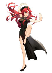 Rule 34 | 1girl, :d, arm up, bad anatomy, bare legs, black dress, black footwear, braid, china dress, chinese clothes, commentary request, dress, fighting stance, full body, green eyes, hands up, hat, hong meiling, kitada mo, leg up, long hair, open mouth, pelvic curtain, red hair, shoes, simple background, smile, solo, standing, standing on one leg, teeth, touhou, upper teeth only, white background