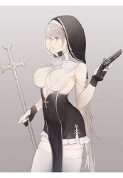 Rule 34 | 1girl, areola slip, armlet, black dress, black gloves, blonde hair, breast curtains, breasts, closed mouth, commentary, covered navel, cowboy shot, cross, cross earrings, dress, dual wielding, earrings, expressionless, eyelashes, from side, gloves, gradient background, grey background, grey eyes, gun, habit, handgun, highres, holding, holding gun, holding staff, holding weapon, jewelry, large breasts, long hair, nun, original, partially fingerless gloves, pelvic curtain, pwd, revealing clothes, scepter, simple background, sister virodar, solo, staff, standing, strapless, strapless dress, thighhighs, veil, very long hair, weapon, white thighhighs, zettai ryouiki
