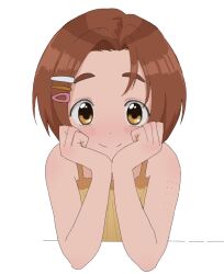 Rule 34 | 1girl, blush, clenched hands, doppelschwert, forehead, hands on own cheeks, hands on own face, highres, idolmaster, idolmaster cinderella girls, looking at viewer, orange hair, ryuzaki kaoru, short hair, simple background, smile, solo, upper body, vaccine scar, white background