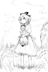Rule 34 | 1girl, doll, hugging doll, female focus, flower, gotyou, greyscale, lily of the valley, medicine melancholy, monochrome, hugging object, sketch, smile, solo, standing, su-san, touhou