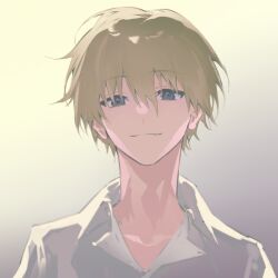 Rule 34 | 1boy, backlighting, blonde hair, blue eyes, close-up, closed mouth, commentary, dress shirt, eyelashes, gradient background, hair between eyes, highres, looking at viewer, male focus, mamiya takuji, shirt, short hair, smile, solo, straight-on, subarashiki hibi, symbol-only commentary, tuzaixia, white background, white shirt