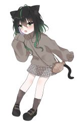 Rule 34 | 1girl, absurdres, aged down, ahoge, animal ear fluff, animal ears, black hair, brown sweater, cat ears, cat tail, colored inner hair, commentary, green hair, highres, kemonomimi mode, maguro (minase1684), multicolored hair, nijisanji, nijisanji kr, purple hair, shin yuya, skirt, sleeves past fingers, sleeves past wrists, solo, streaked hair, sweater, symbol-only commentary, tail, virtual youtuber, white background