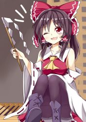 Rule 34 | 1girl, :3, ;d, ascot, bare shoulders, black hair, blush, boots, bow, box, cross-laced footwear, detached sleeves, donation box, gohei, hair bow, hair tubes, hakurei reimu, keyaki chimaki, large bow, long hair, looking at viewer, on box, one-hour drawing challenge, one eye closed, open mouth, pantyhose, red eyes, sitting, sitting on box, skirt, skirt set, smile, solo, touhou