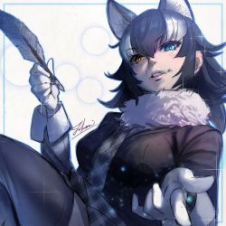 Rule 34 | 1girl, animal ears, black hair, blue eyes, bright pupils, fang, fang out, fur collar, gloves, grey wolf (kemono friends), grin, hair between eyes, heterochromia, highres, holding, jacket, kemono friends, lips, long sleeves, looking at viewer, miniskirt, multicolored hair, necktie, orange eyes, plaid, plaid necktie, plaid skirt, sketch, skirt, smile, solo, sparkle, takami masahiro, thighhighs, two-tone hair, upper body, white hair, white pupils, wolf ears, zettai ryouiki